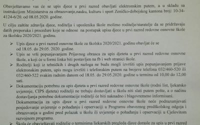 Obavijest o upisu djece u prvi razred redovne osnovne škole u školskoj 2020/2021. godini