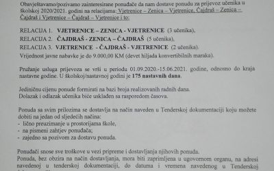 Obavještenje/poziv za postavljanje ponuda za nabavku usluga subvencioniranog prevoza učenika JU OŠ “Miroslav Krleža” Zenica u školskoj 2020/2021. godini